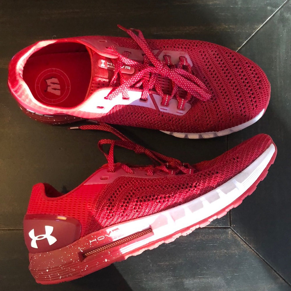 University of Wisconsin Under Armour Sneakers. Red and white with UW logo Sz 10